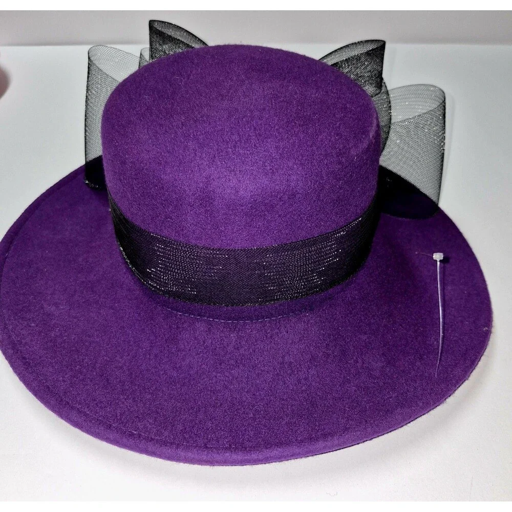 Mr John Signature Series Purple Wool Hat Arlin Black Mesh Bow Church Derby Y2K